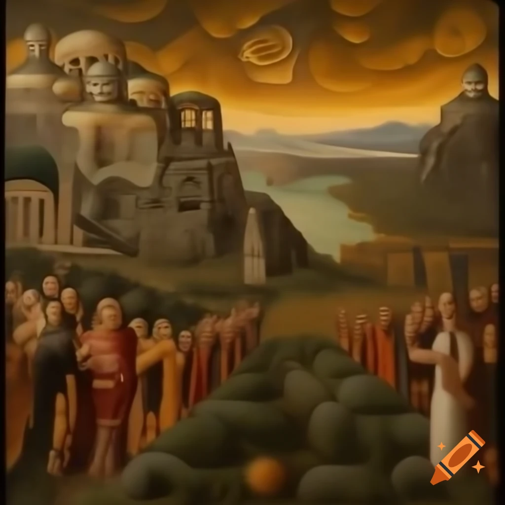 Grand diptych painting of Elysium and Tartarus representing afterlife realms