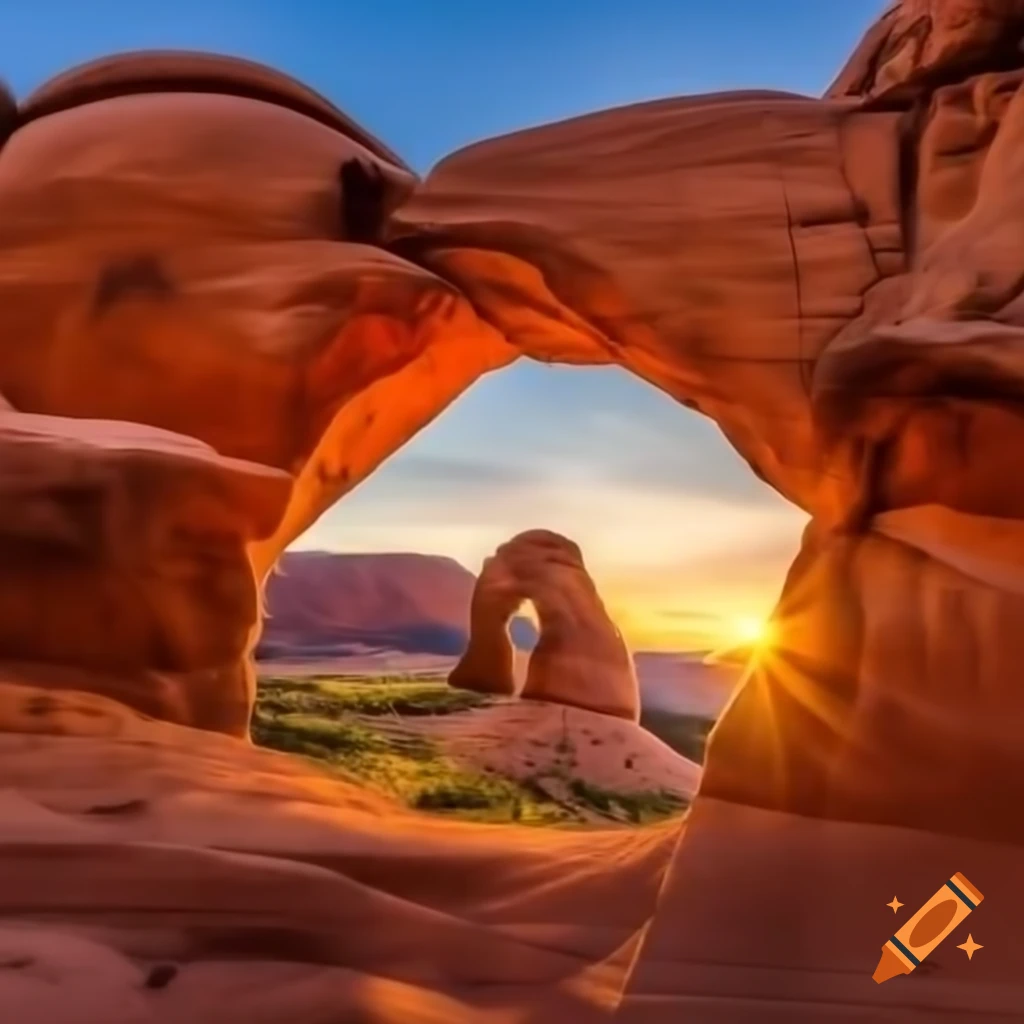 Sunset over Arches National Park, showcasing rock formations