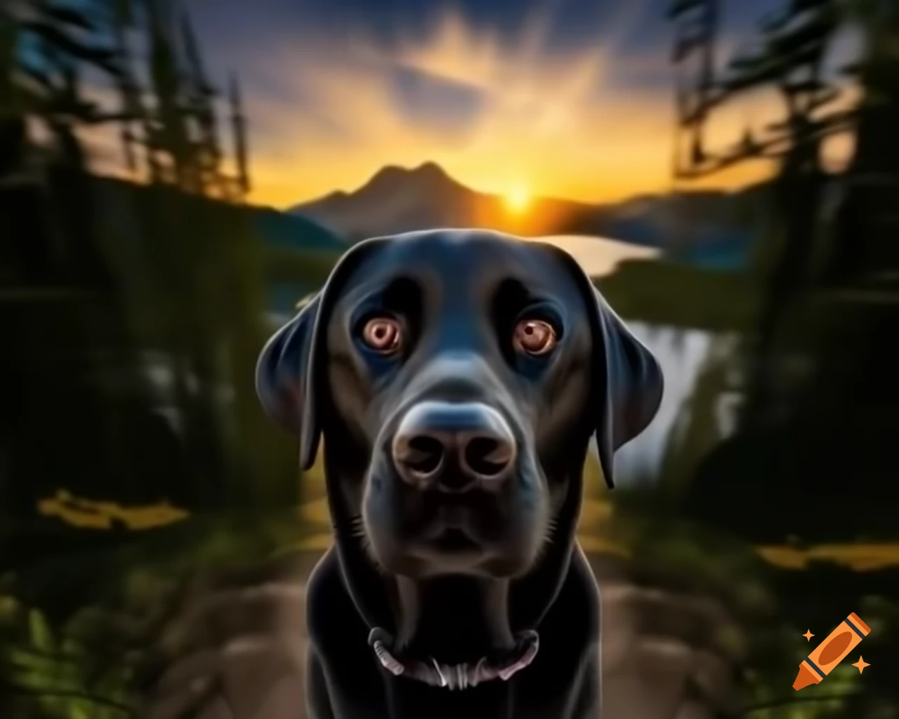 Close-up of black Labrador Retriever in forest with trees
