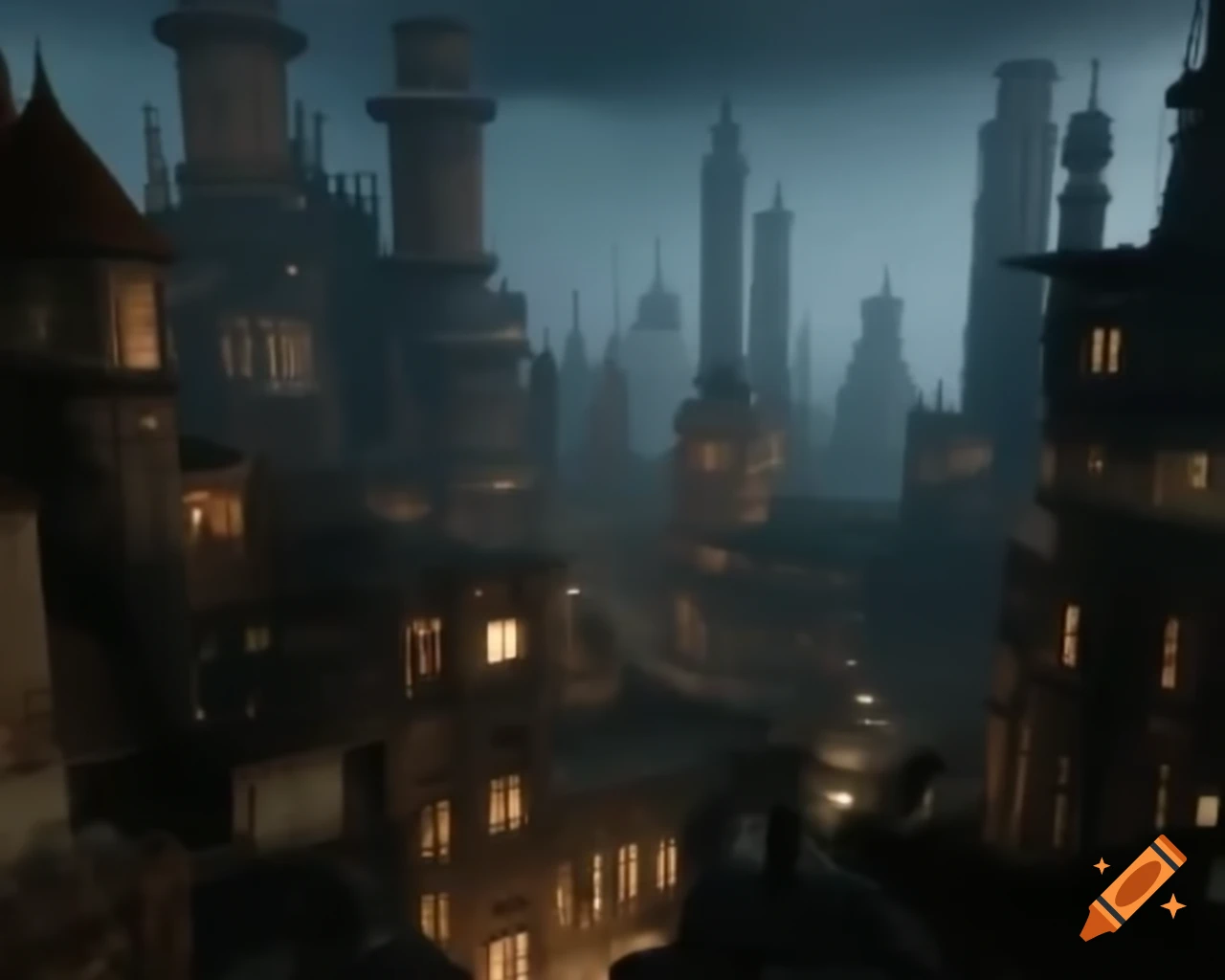 Unique grand cityscape with rusted metal skyscrapers and intricate clockwork machines