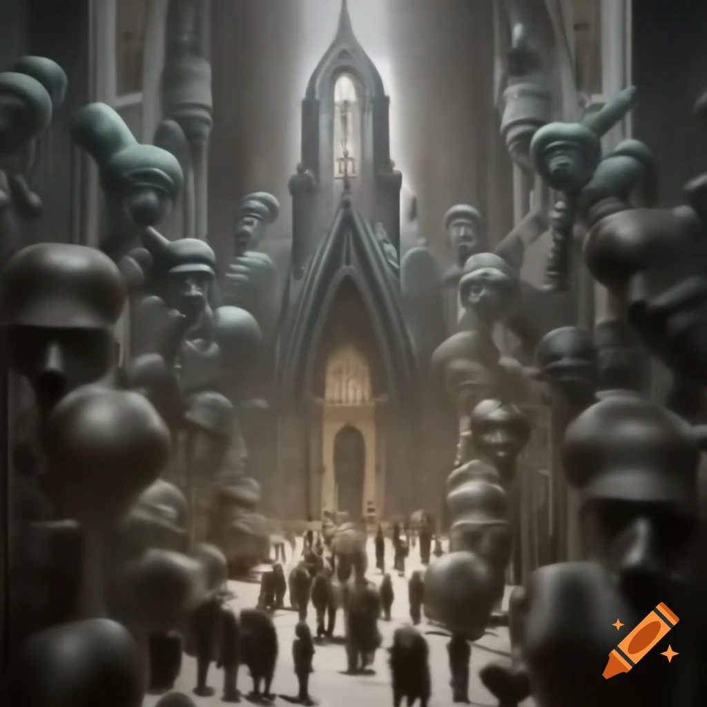 Surreal bronze engraving of a church in abyssal depths, modern sculpture
