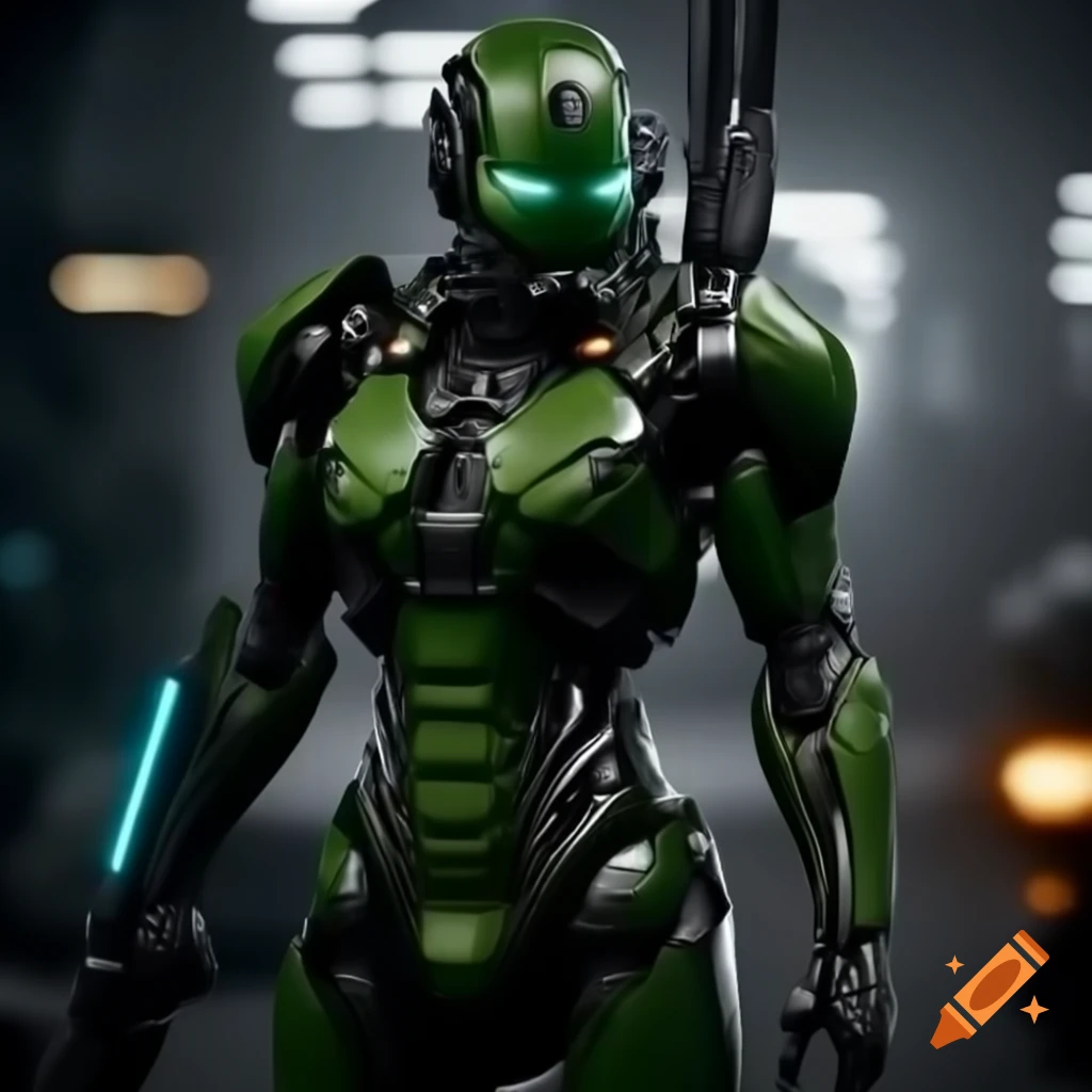 Cyborg warrior in green armor holding laser rifle in futuristic battlefield