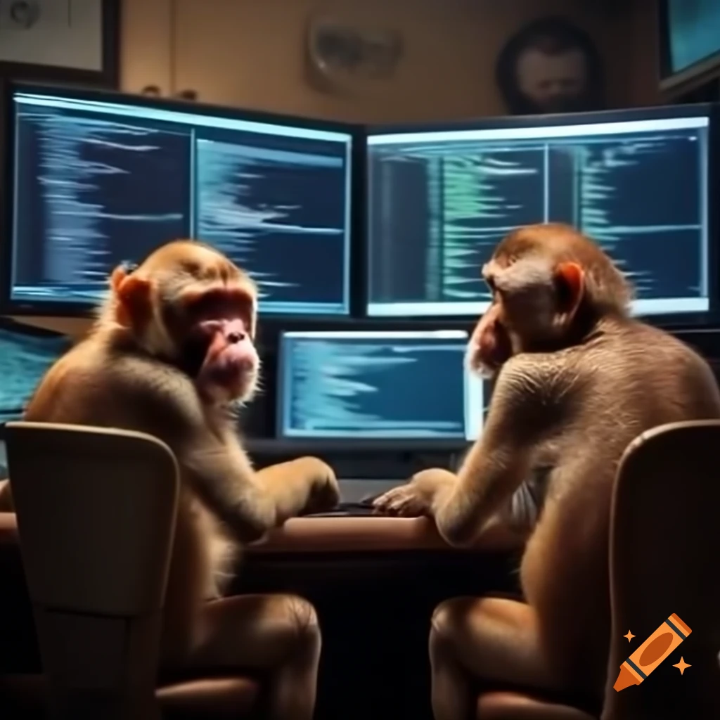 Two monkeys engaged in coding activity in a room