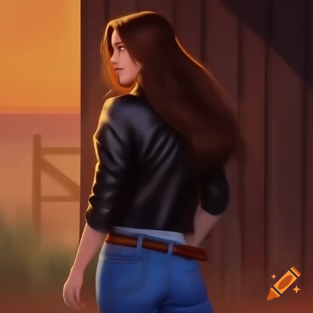 Hyperrealistic portrait of a woman in casual outfit looking through barn door