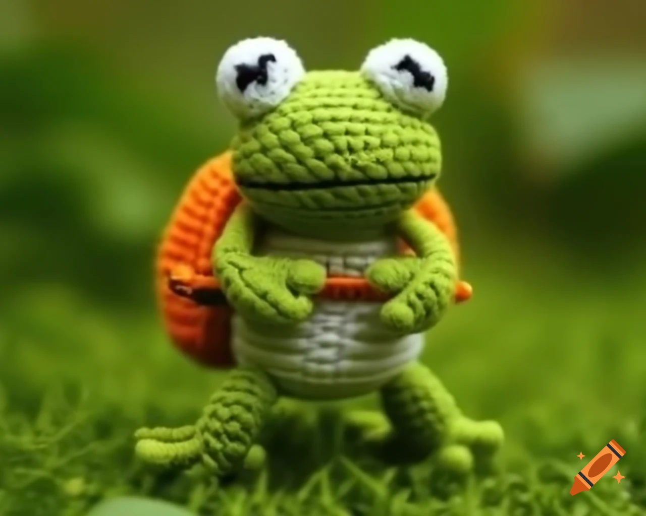 Colorful army of crochet frogs in various poses