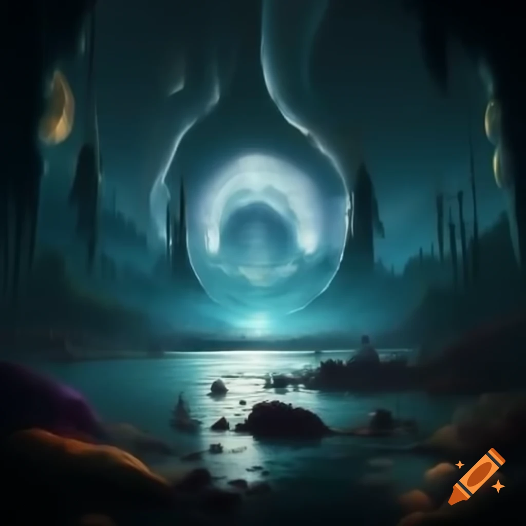 Psychedelic lakeside scene with neo-geo style and volumetric lighting