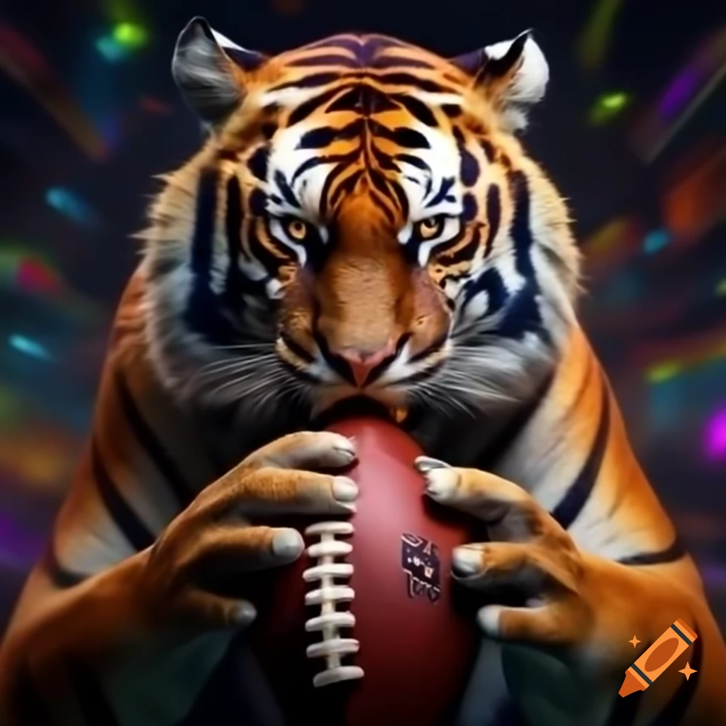 Psychedelic tiger engaged with a football