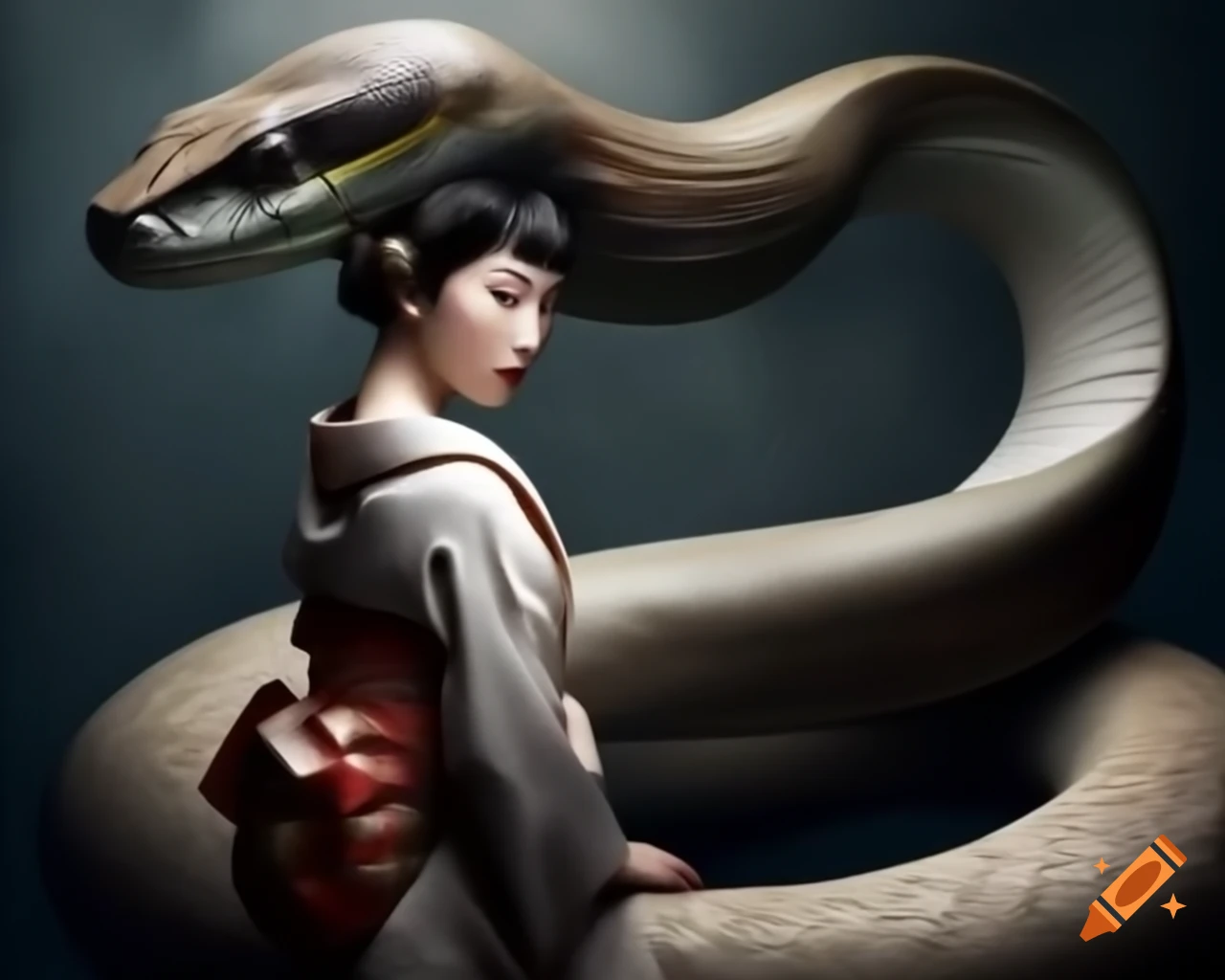 Woman in kimono observing giant snake in hyper realism style