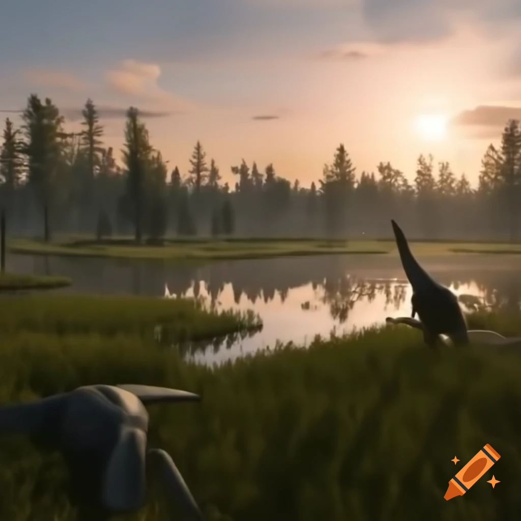 Two Allosaurus crossing marshland at sunset with visible moon