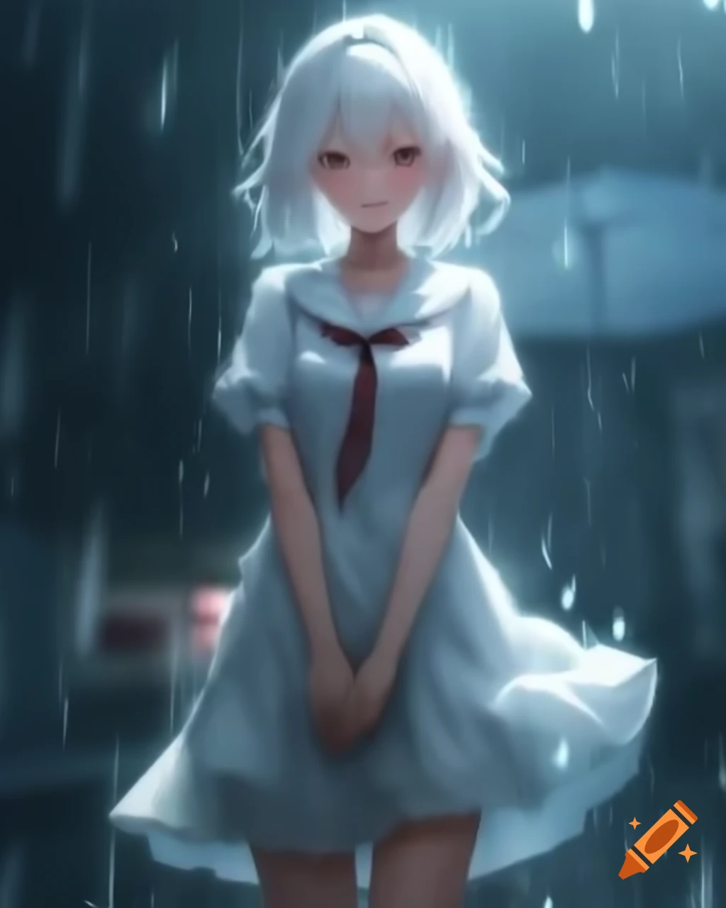 Anime woman with white hair in dress on a rainy day