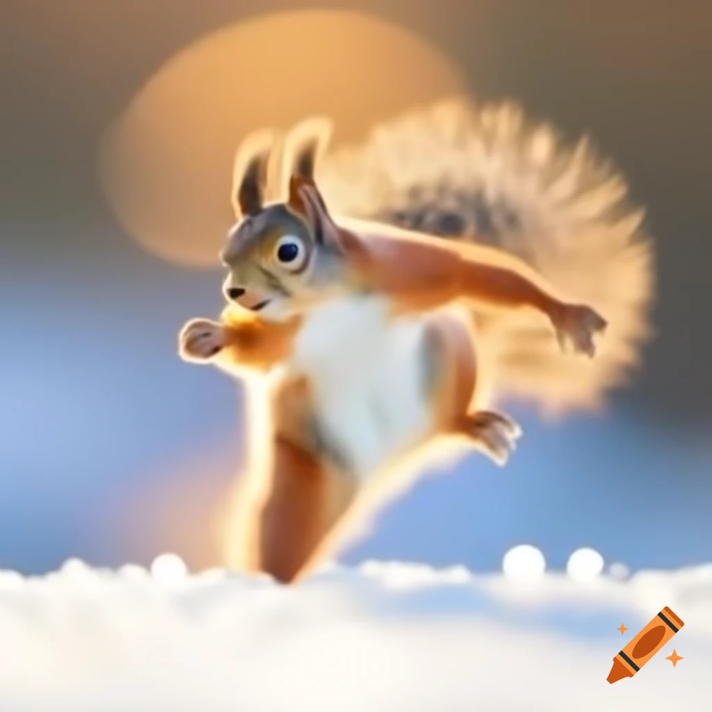 Dancing squirrel against bokeh background of frozen winter landscape