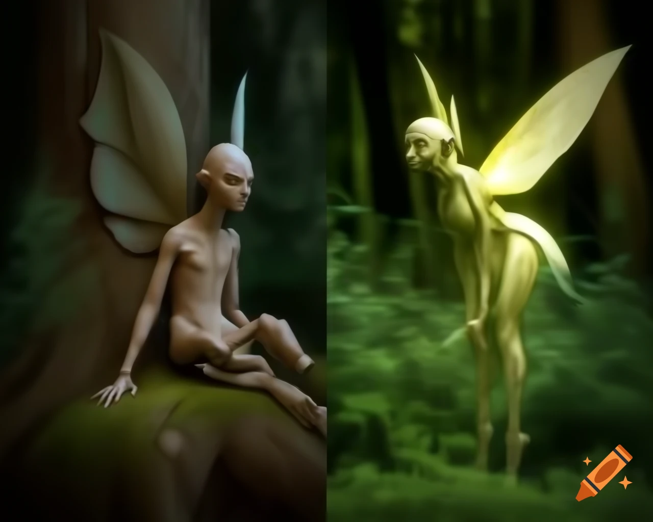 Photorealistic 3D render of fairy beside tree in forest using raytracing