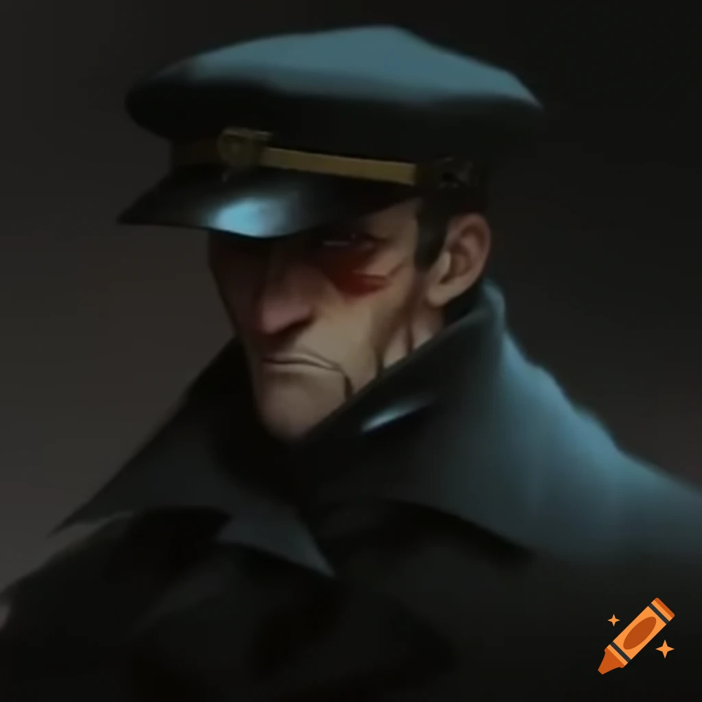 Menacing man in dark tailcoat and eyepatch with snow cap