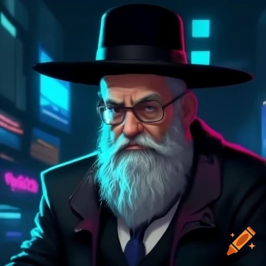 Cyberpunk rabbi in futuristic setting
