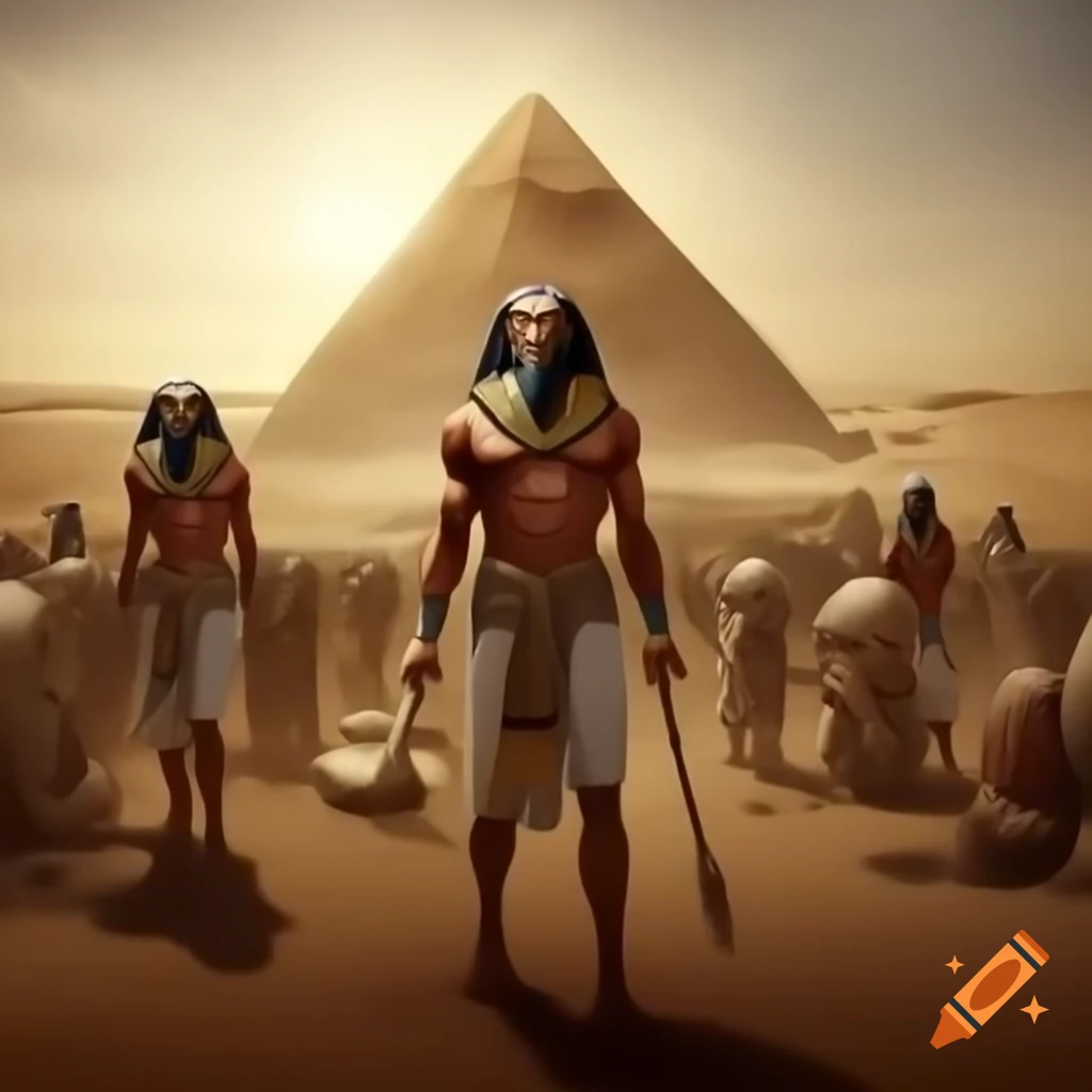Ancient Egyptian workers building pyramid under desert sun