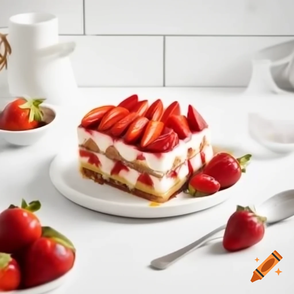 Elegant strawberry-flavored tiramisu garnished with fresh strawberries on white plate