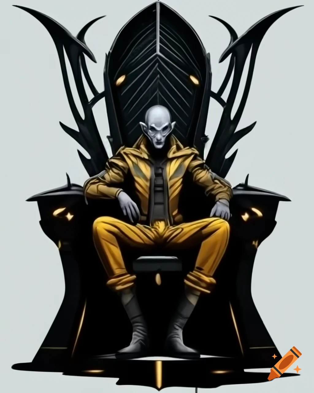 Sci-fi fantasy emperor with grey skin and pointed ears on black-gold throne