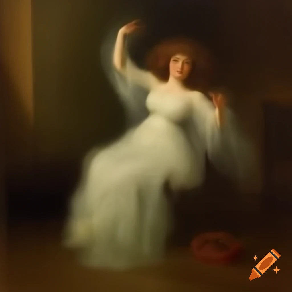 Portrait of 1880s saloon owner in translucent dress with playful expression