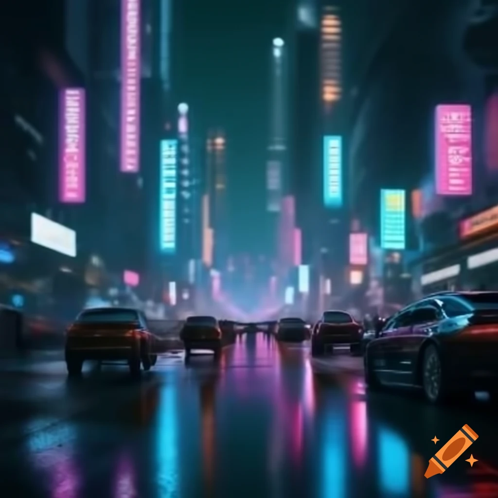 Futuristic city illuminated by bright neon lights