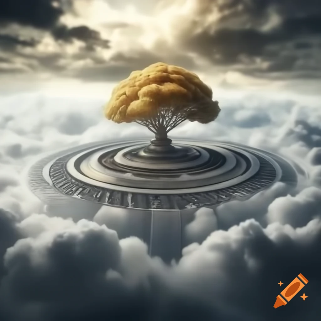 Floating city in clouds with concentric rings and massive golden tree
