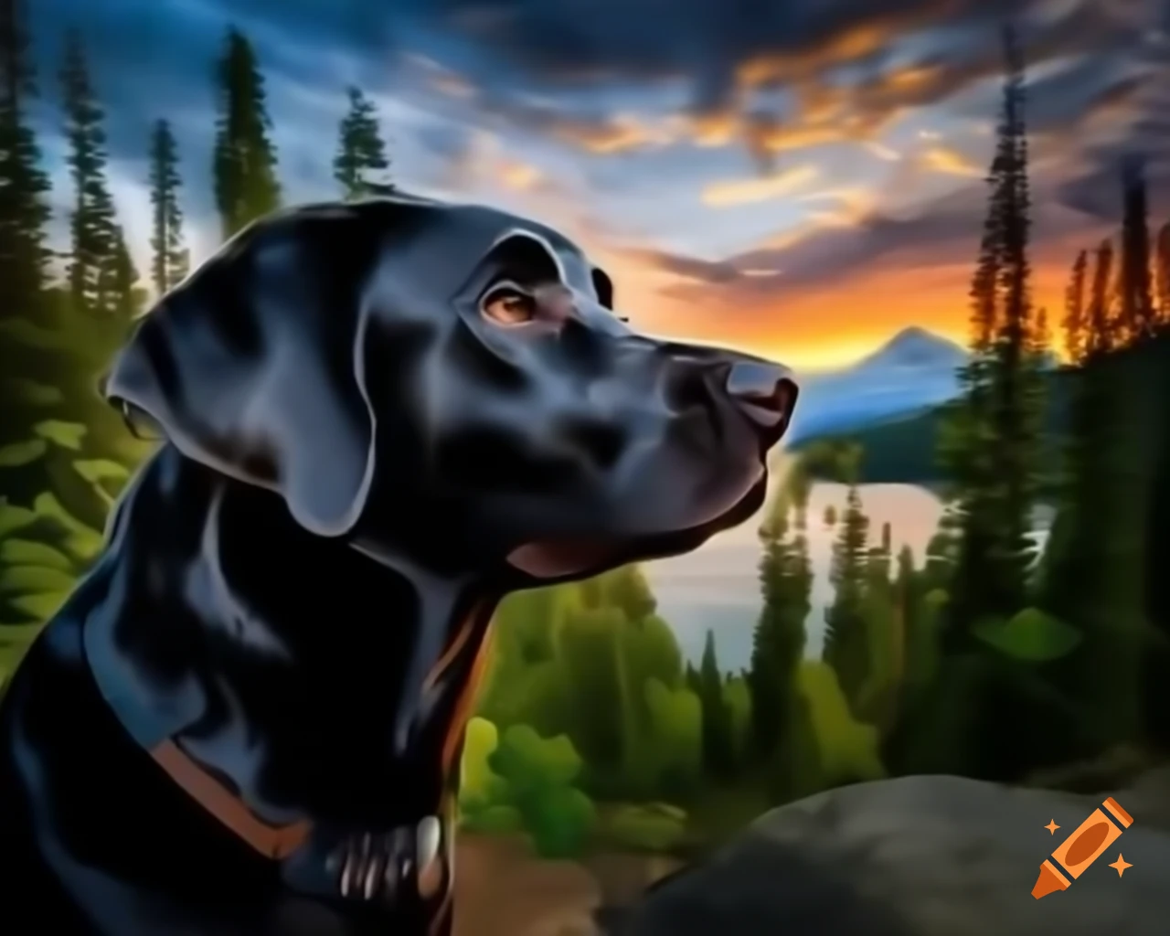 Close-up of black Labrador Retriever in forest with trees
