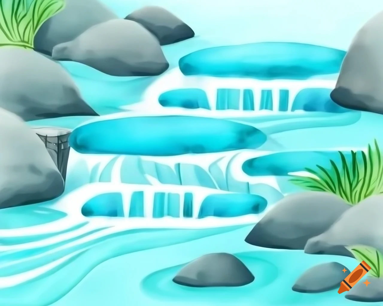 Cartoon style watercolor creek flowing over pebbles in aqua blue and sandstone