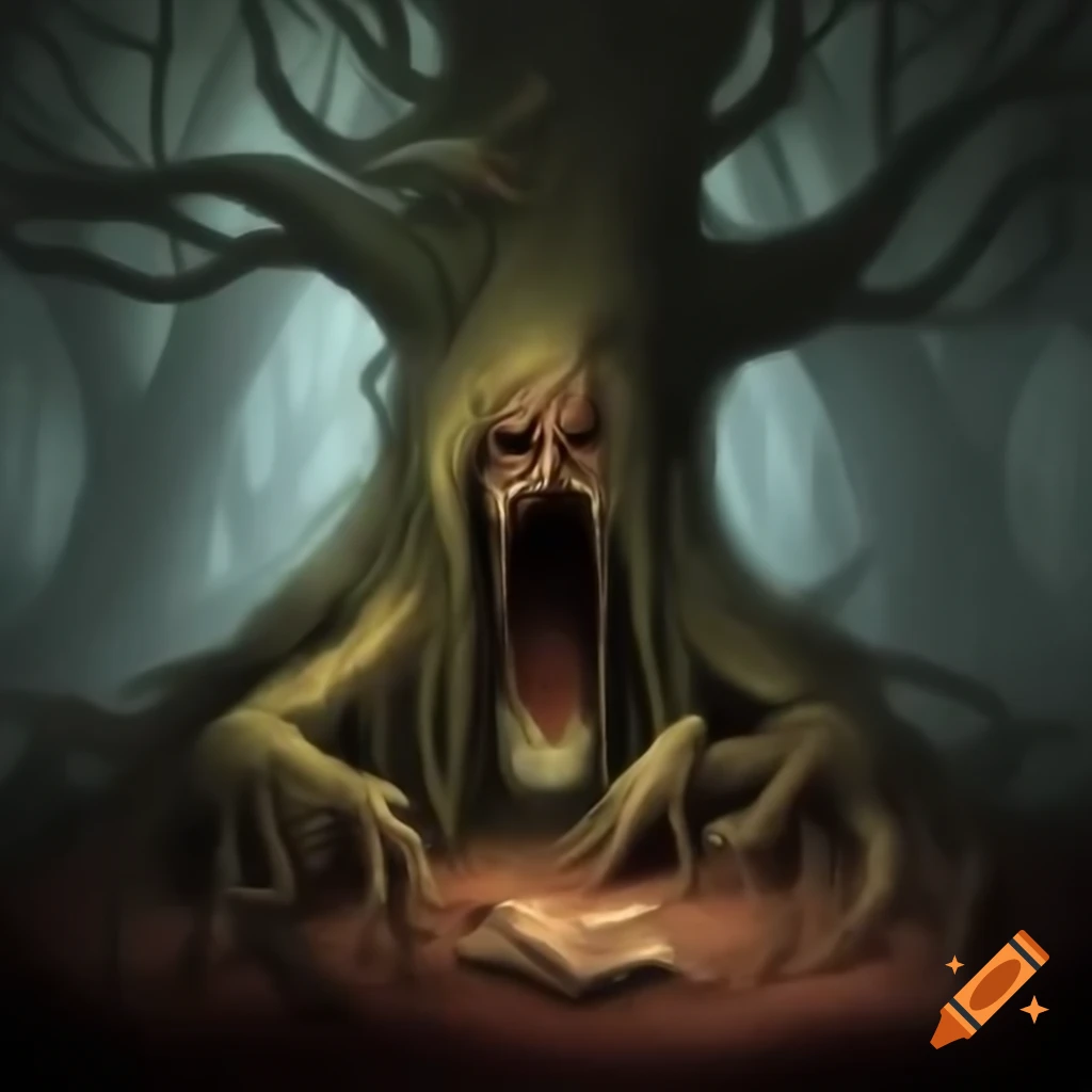 Gothic fairy tale scene with ancient tree as guardian of enchanted forest