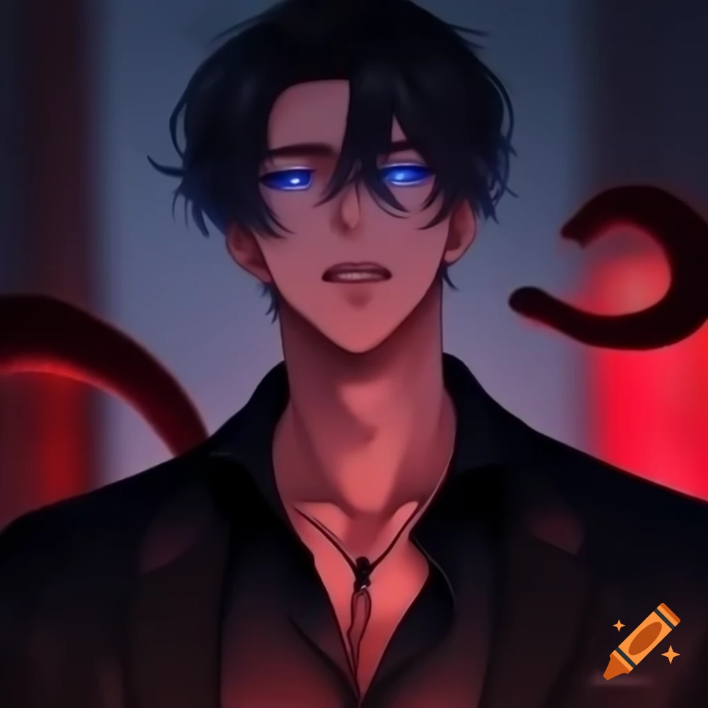 Stylish manhwa character in black suit with sharp blue eyes and cold expression