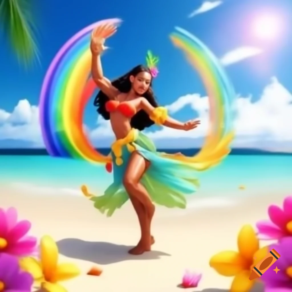 Tahiti dancer on beach with rainbow and tropical flowers