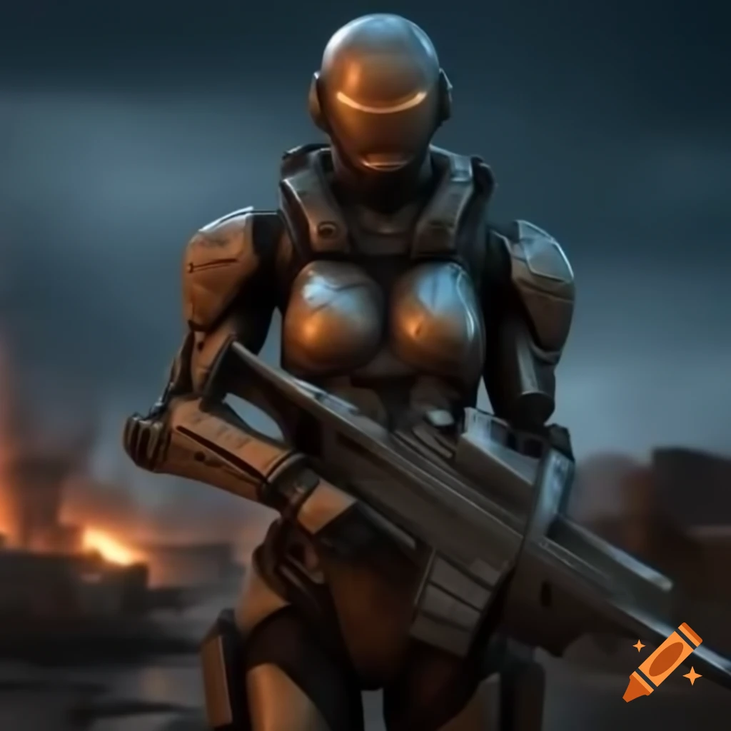 Cyborg warrior in armor with laser rifle in post-apocalyptic wasteland
