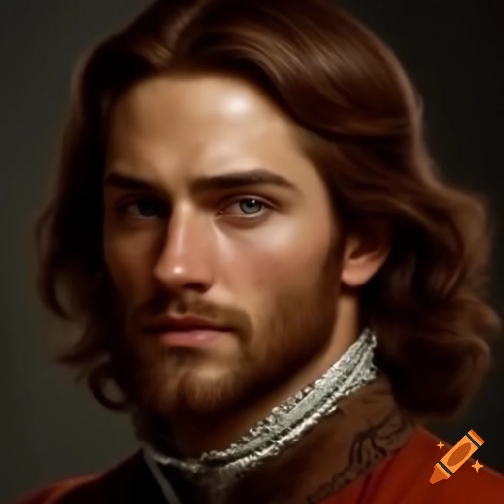 Male Renaissance noble with brown hair and colorful clothes