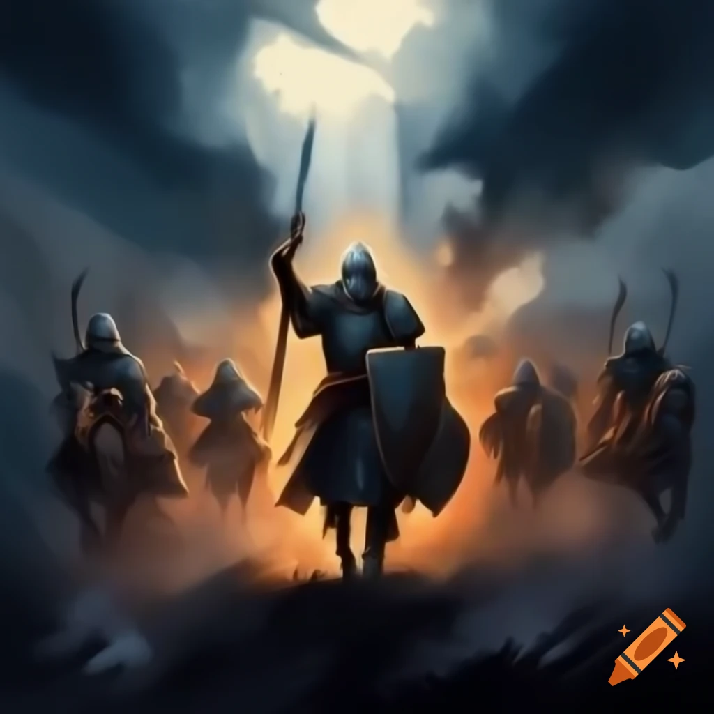 Medieval soldiers charging with raised swords in dramatic watercolor art