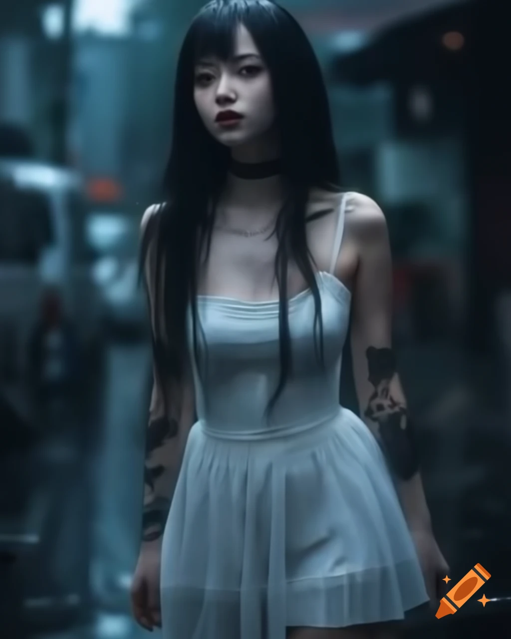 Gothic anime woman in white dress standing in the rain, realistic style