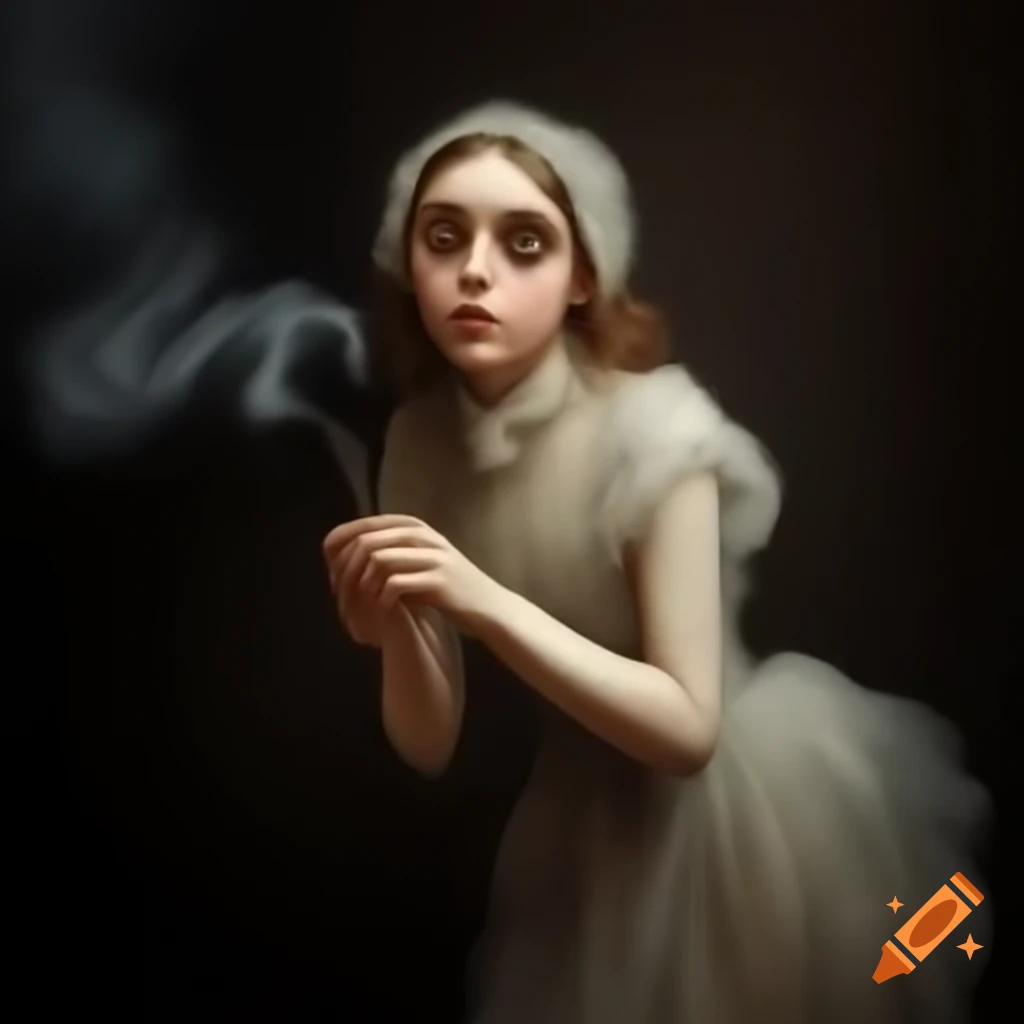 Portrait of 1880s saloon owner in translucent dress with playful expression