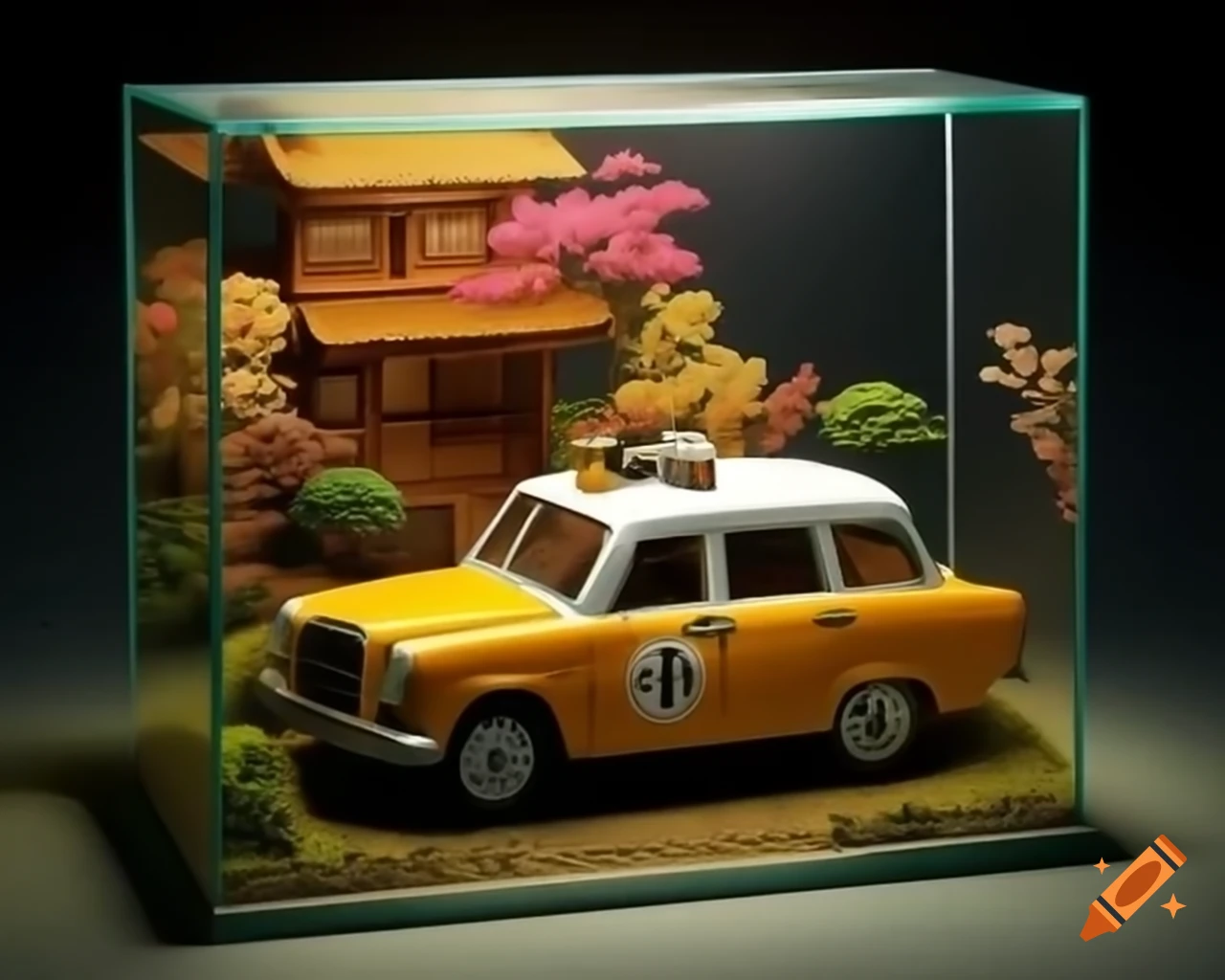 Miniature diorama of a taxi in a flower-filled Japanese neighborhood during golden hour