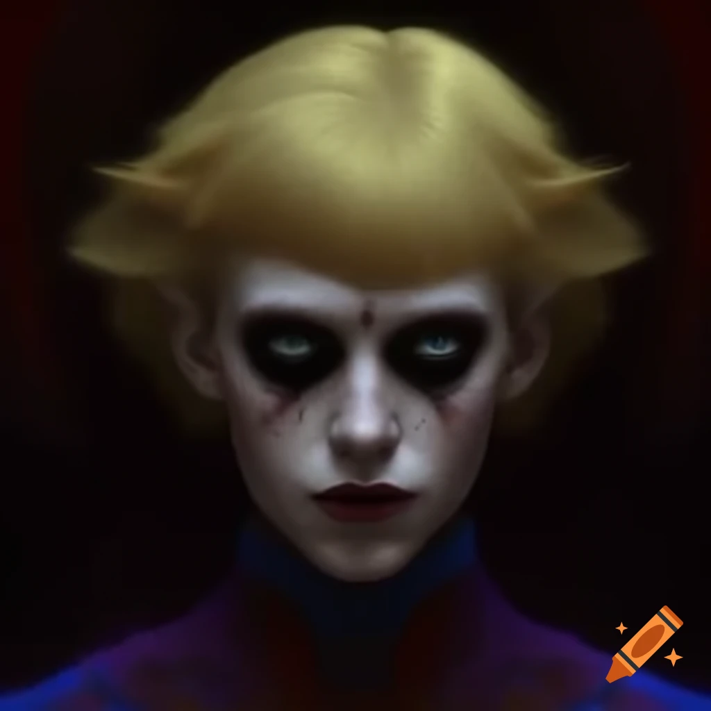 Blonde man in psychedelic clothing with a manic expression