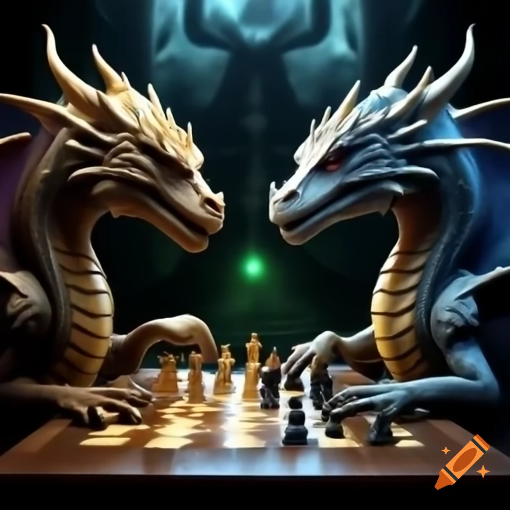 Two dragons engaged in a chess game