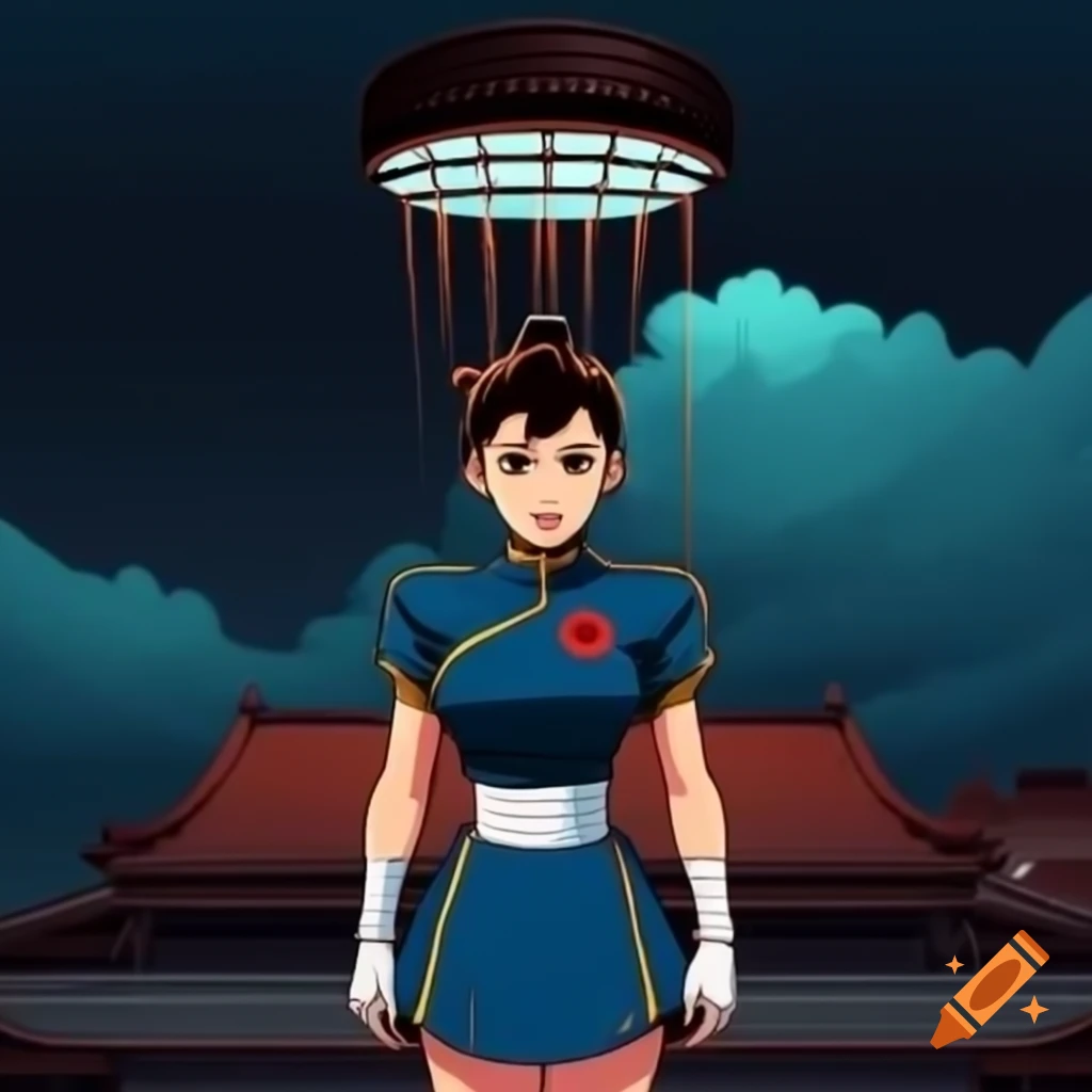 Anime Chun-li from Street Fighter standing confidently in front of floodlight