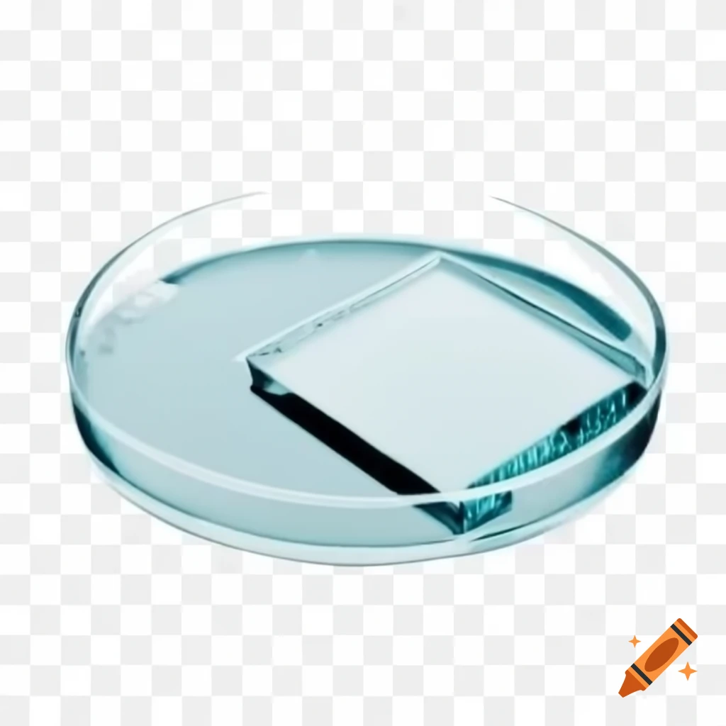 Scientific drawing of petri dish with liquid and glass in 3D
