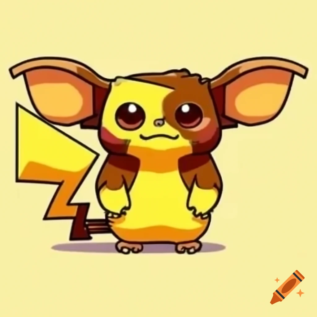 Pikachu portrayed as Gizmo from gremlins in 2D cartoon style