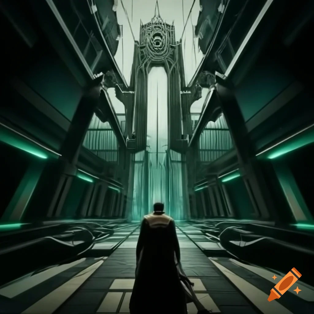 Dystopian future vision with Art Deco geometric elegance in deep blues and teals