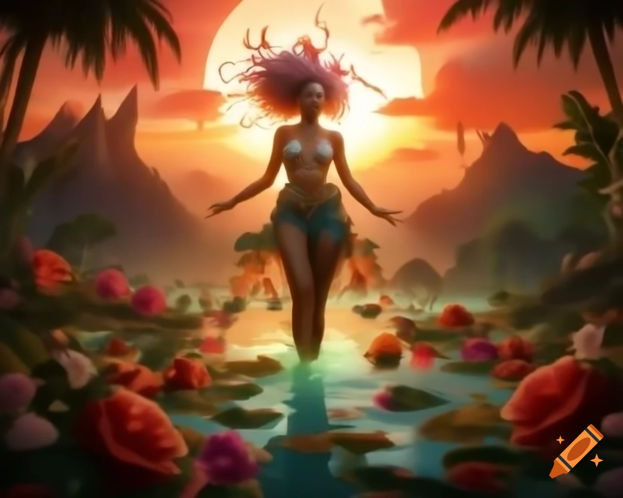 Beautiful woman with surreal wig made of vibrant objects in sunset light