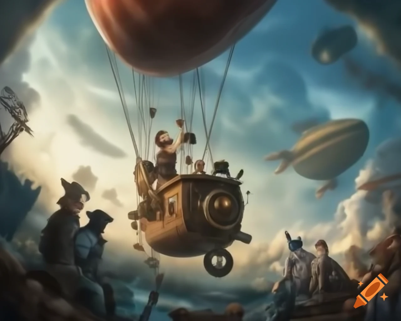 Steampunk airship adventure soaring through clouds, clockwork and brass design