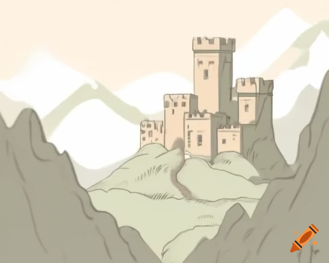 Rough sketch of medieval castle in mountainous landscape