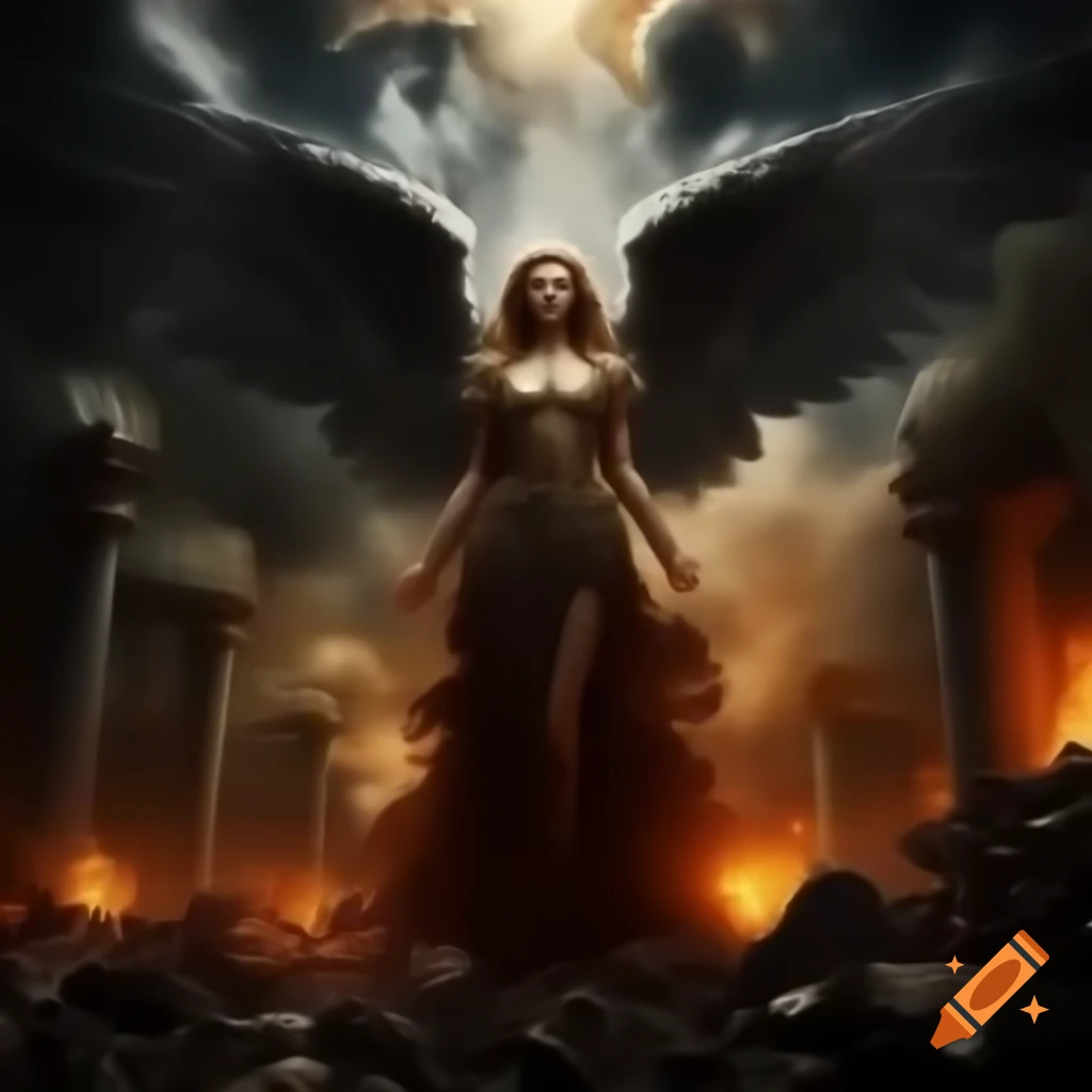 Aftermath of Dream War with smoke, ruins, and mythological creatures