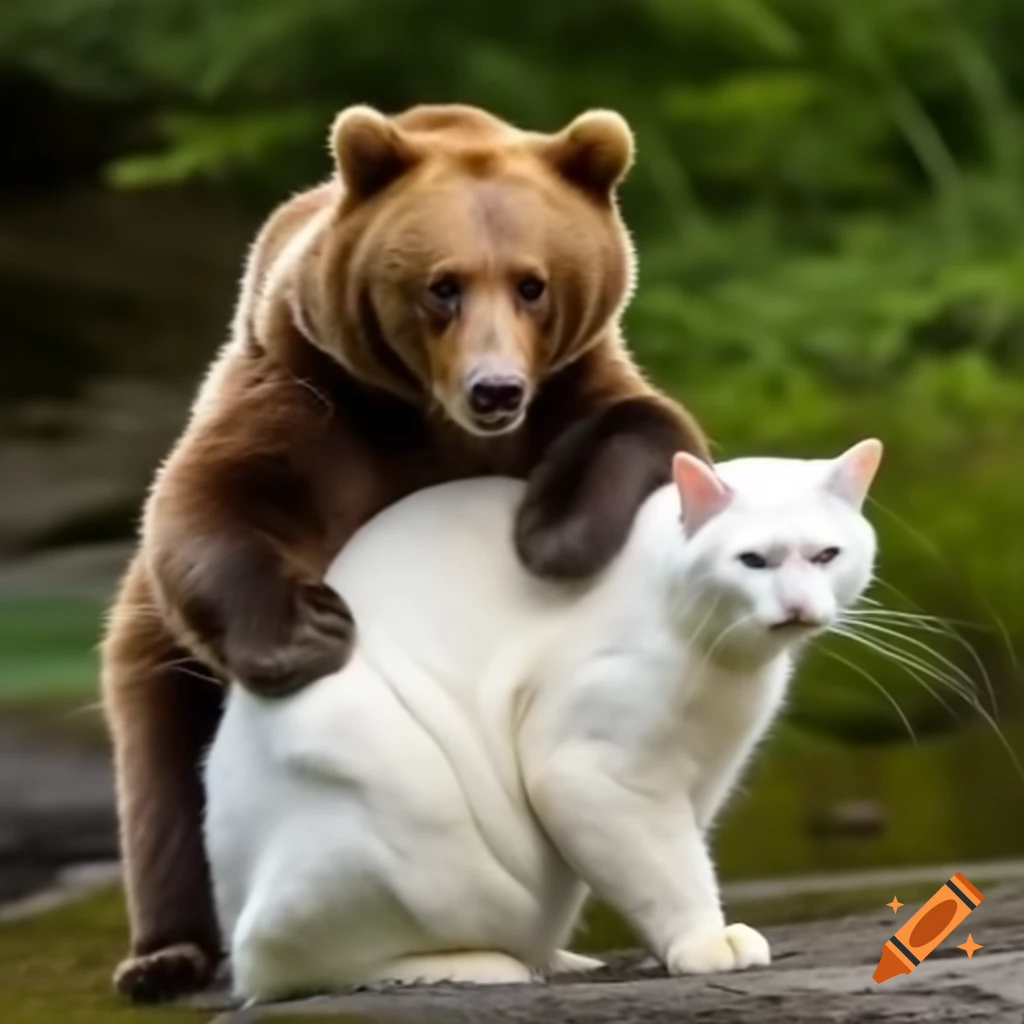Grizzly bear playfully riding on white cat