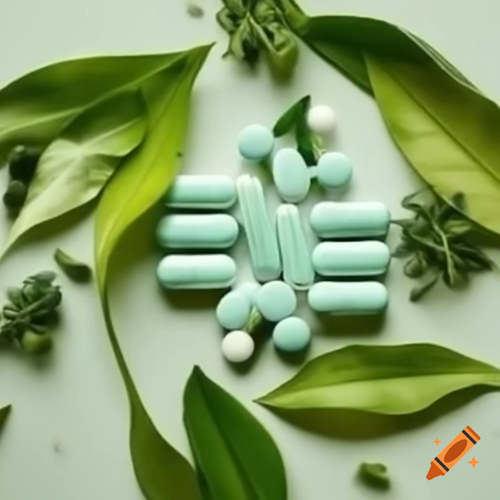 Medicine tablets alongside leaves and herbs