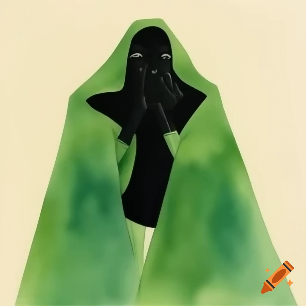 Mysterious angular green-skinned figure with shadows, dark body