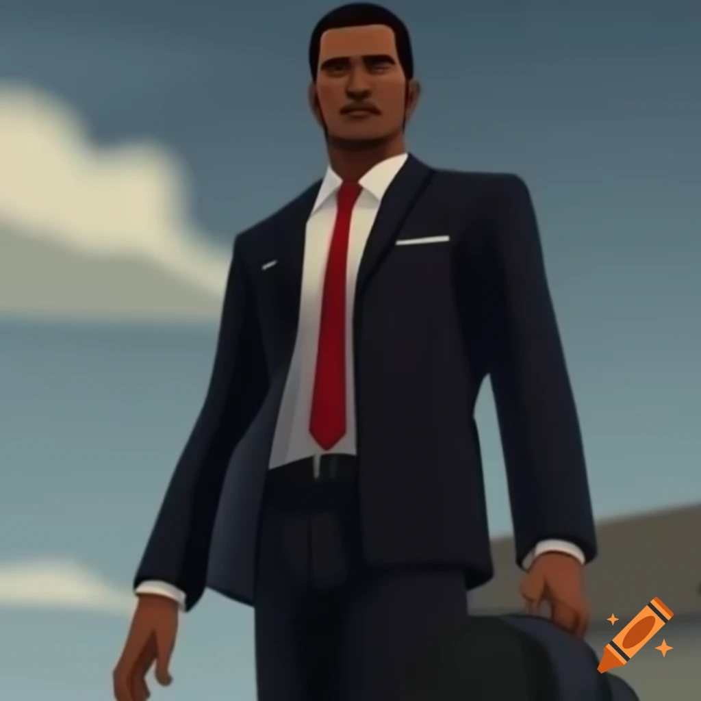 Man from New Zealand in suit holding duffel bag, GTA 4 art style