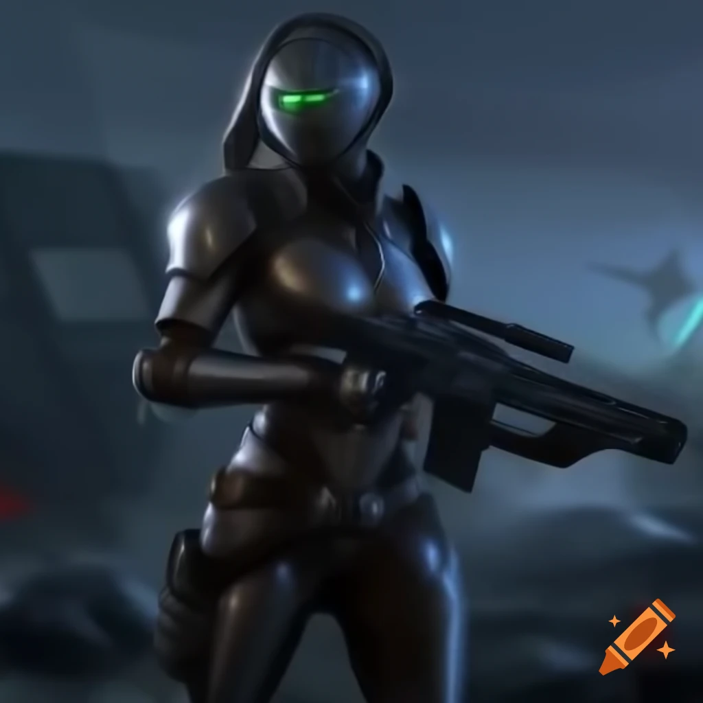 Slender warrior in armor with laser rifle on futuristic battlefield